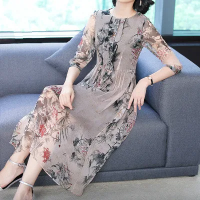 

2019 New Summer Fashion Print Silk Women Dress Spring Simple Short Sleeve And Round Collar Elegant Temperament Lady Dresses