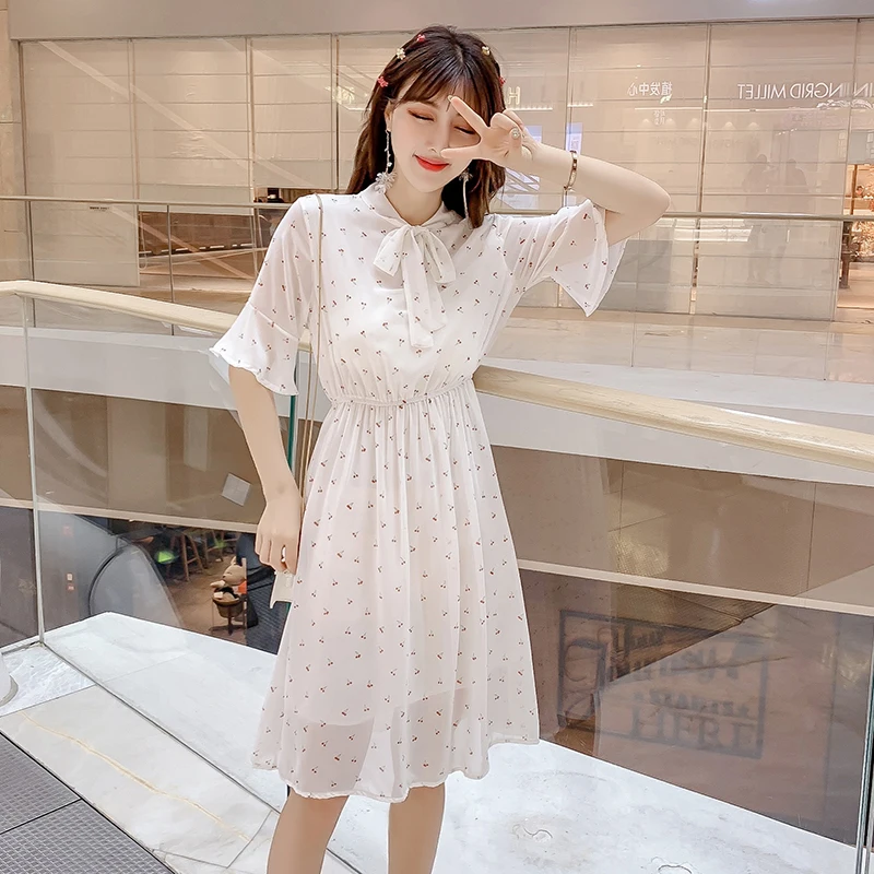 

Women Short Sleeve Dress Elegant Flare Sleeve Elastic Waist Female Chiffon Dress Summer Lace Up Cherry Printed Dresses Vestidos