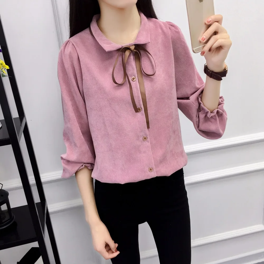 Autumn Long Sleeve Women Shirt Preppy Style Bow Woman Shirt Corduroy Plus Thick Solid Color Women Blouses Turn-Down Collar Top (12)