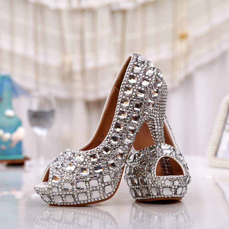 12cm Élégant Cristal Argent Bal Strass Talons De Partie Chaussures Peep Femmes Couleur Heels Silver Toe 5 Mariage Pouces Handmake Haute Mariée 1Hwrq1B