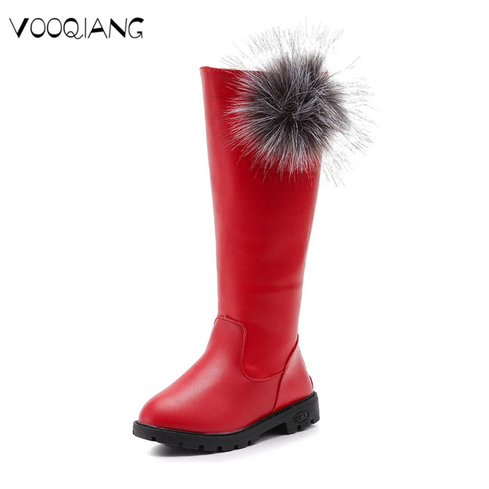 

Winter Fur Warm Girls Red Plat Boots Fashion Princess Kids Long Boot For Girl Children Plush Pompom Shoe Waterproof Thick Buckle