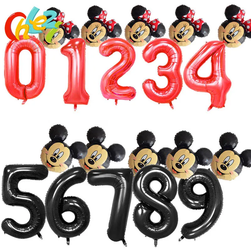 

40inch Black Red Number Ballons+Large Mickey Minnie Foil Balloon 1 2 3 4 5 6 7 8 9 Years old Birthday party decoration Supplies