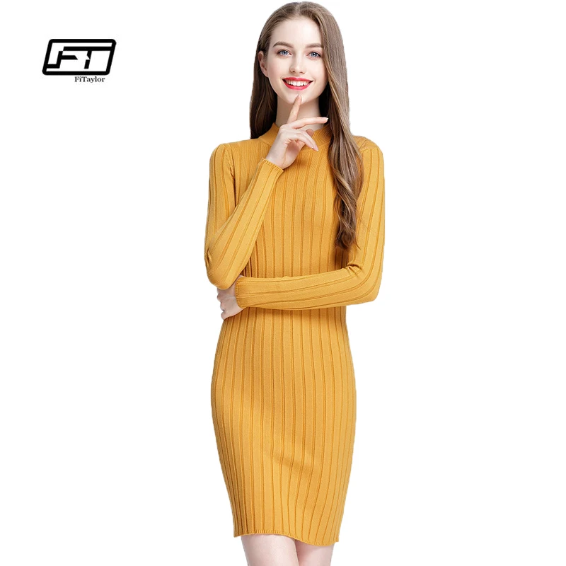Fitaylor New Spring Autumn Women Knitting Dress Elegant Slim O Neck Long Sleeve Knitted Sweater Pullover