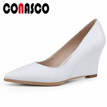 

CONASCO Fashion Sexy Basic Women Pumps Wedges High Heels Spring Summer New Genuine Leather Pointed Toe Office Pumps Shoes Woman