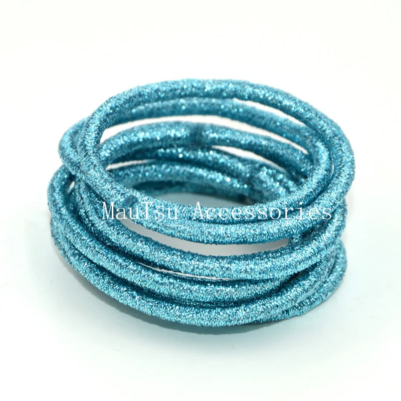 

50PCS 4mm Aqua-Blue glitter elastic hair bands ponytail holders with gluing connection,Light bluebling bling elastic hair ties