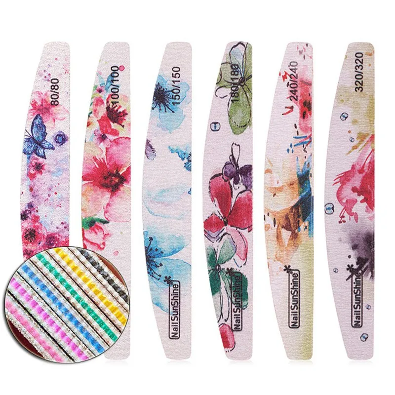 

25pcs Half Moon Nail File Flower Printed Nail Buffer Colorful Lime A Ongle 80/100/150/180/240/320 Washable File Manicure Tool