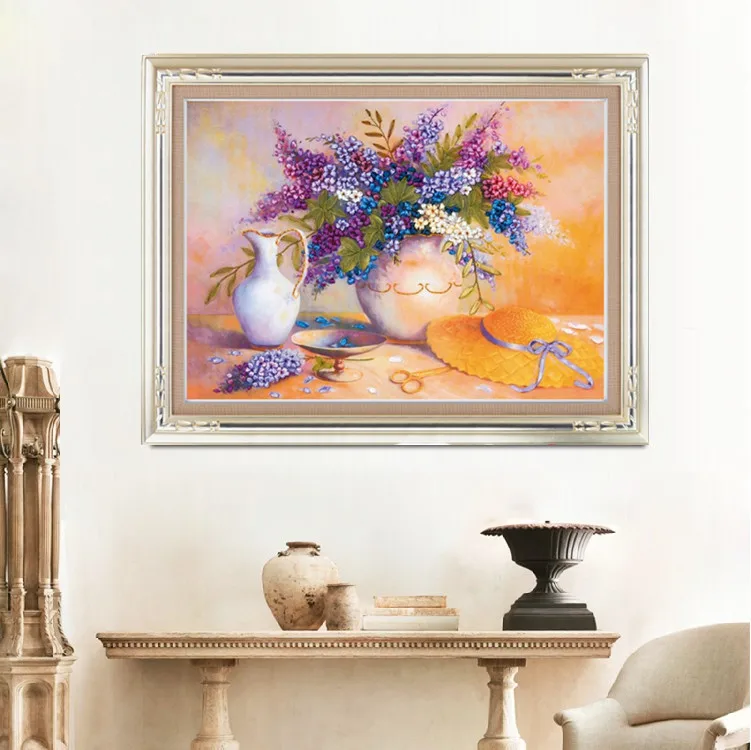 

DIY 3D Ribbon Embroidery cross stitch kits sets simple handmade needlework/ Purple rosacea decor picture paintings