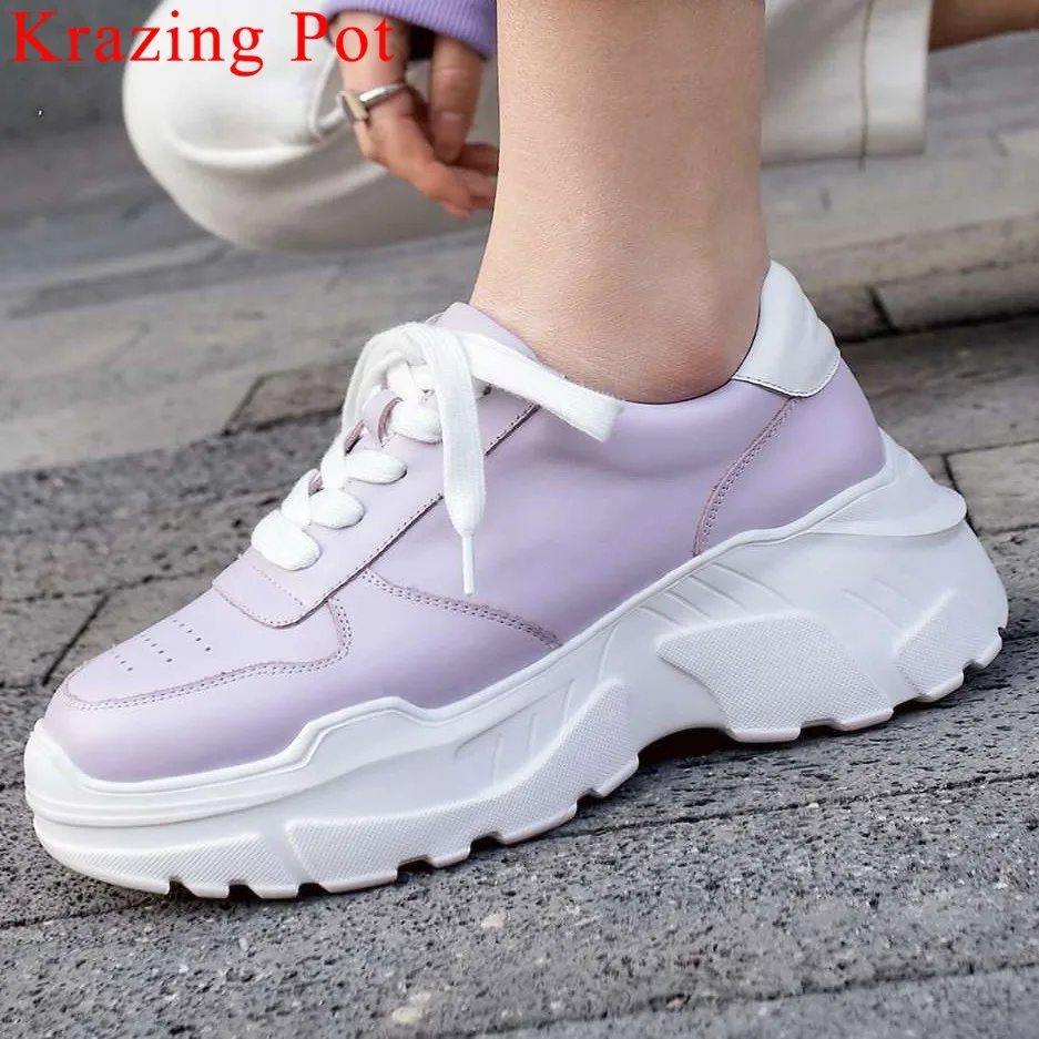 

2019 concise full grain leather round toe thick high bottom platform running sneakers casual wear lace up Vulcanized shoes L7f2