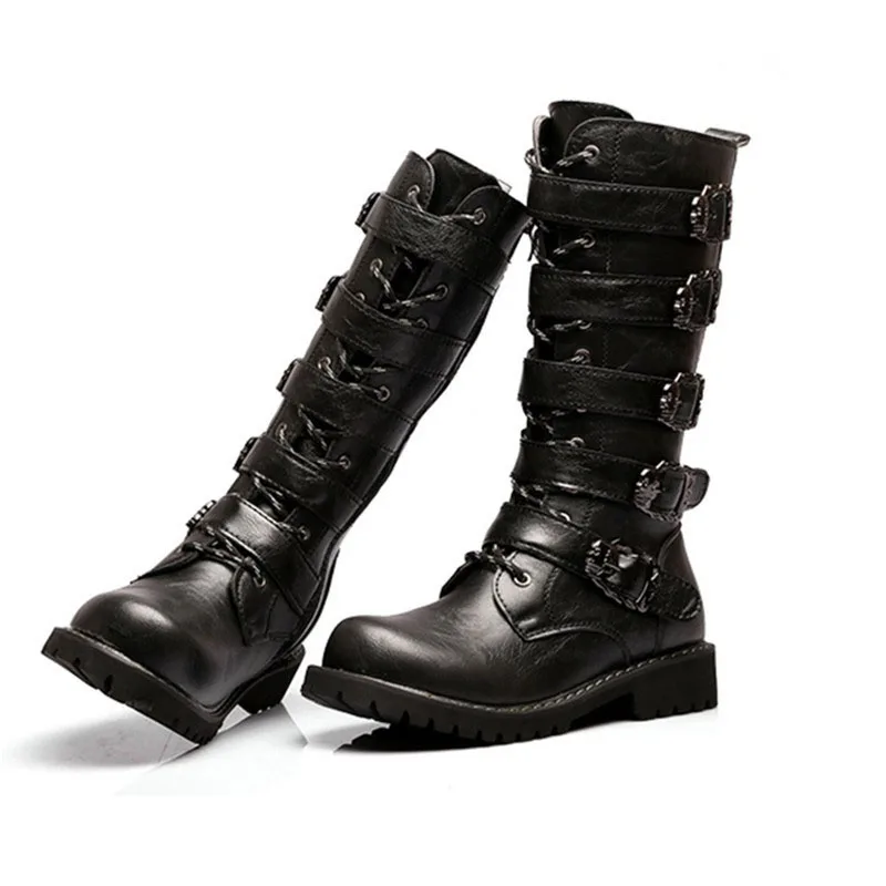 LIN KING/мужские высокие ботинки в винтажном стиле; Цвет Черный; ботинки в байкерском стиле на шнуровке; модные мужские военные ботинки с металлическим украшением; большие размеры 46