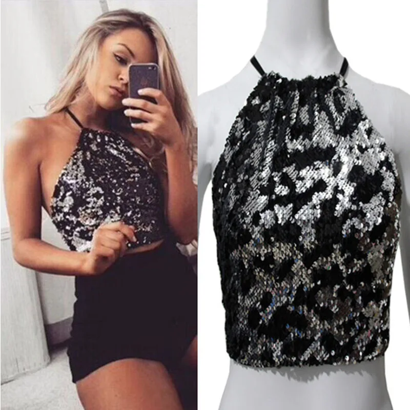 Женский Летний жилет без рукавов Camisole Halter Sequins Crop Tops Женская Сексуальная рубашка с открытой спиной
