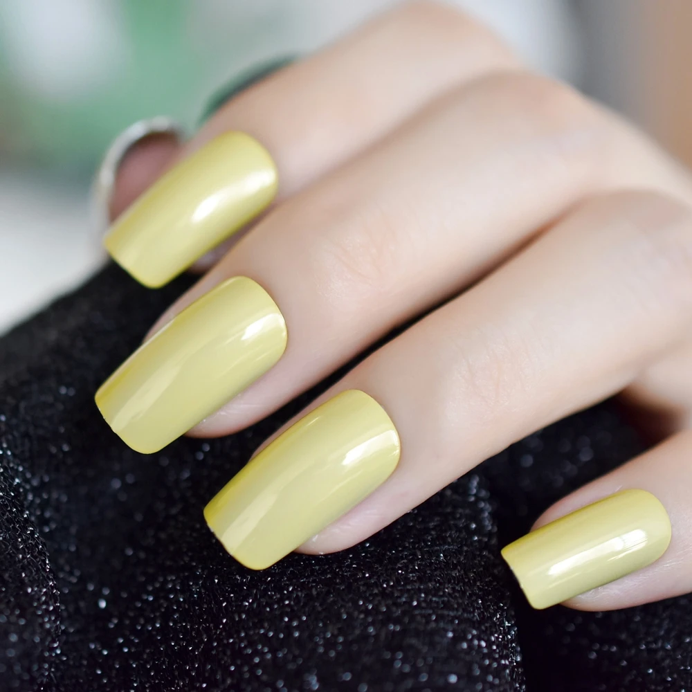 Creamy Mirror Fake Nails Medium Yellow Green Chrome False Nail Tips