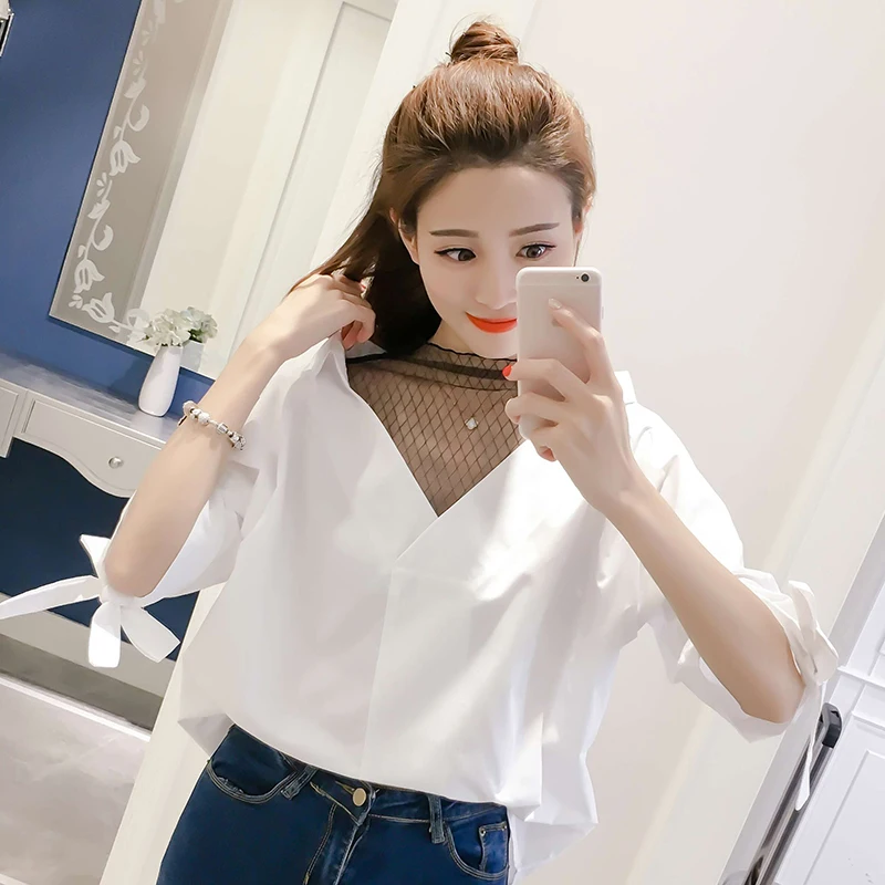 Women Shirts Lace Blouse Women Summer Mesh Patchwork Shirts for Woman Office Lace V-neck White Blouse Plus Size Woman Ladies Top Women Shirts Lace Blouse Women Summer Mesh Patchwork Shirts for Woman Office Lace V-neck White Blouse Plus Size Woman Ladies Top