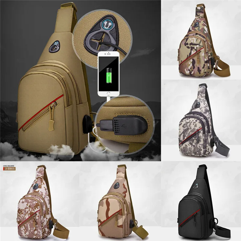 

NoEnName Anti Theft Men Solid Camouflage Messenger Shoulder Bag Chest Pack USB Charge Outdoor Sports Travel Handbag Waist Packs