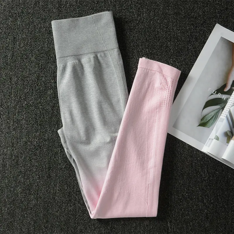 Комплект из 2 предметов для йоги, Женские топы с длинным рукавом и высокой талией, спортивные Леггинсы для контроля живота, одежда для спортзала, бесшовный спортивный костюм с эффектом омбре - Цвет: light gray-pink pant