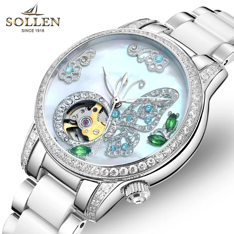 

Relogios Feminino SOLLEN Top Luxury Brand Lady Watch Emerald Butterfly Ceramic Strap Women Mechanical Wrist Watches reloj mujer