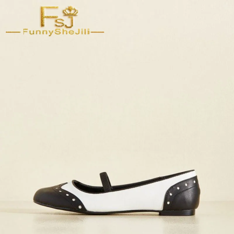 

Black and White Comfortable Flats Round Toe Wingtip Vintage Shoes Spring Autumn Incomparable Generous Sexy Women Shoes FSJ
