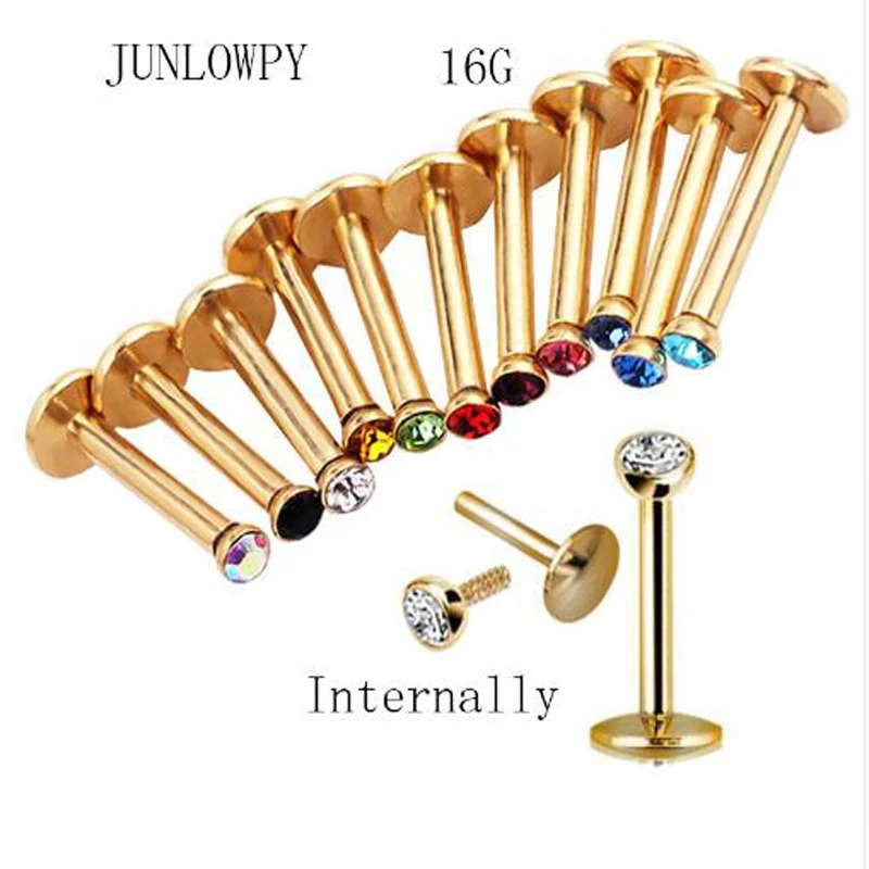 

JUNLOWPY 2pcs 16G Silver Black Titanium Anodized Internally Threaded Top Gem Labret lip piercing labret ring Tragus Earring