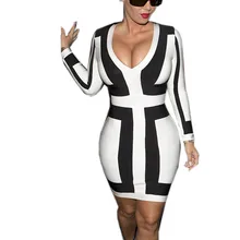 Сексуальный Женщины Плюс Размер Платья С Длинным Рукавом Цвет Блока Платье Повязки Знаменитости Черный и Белый Лоскутные Платья