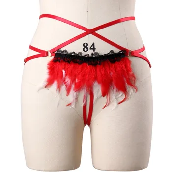 

Harajuku boho feather panties cord binding bottom harness gothic feather sexy harness lingerie