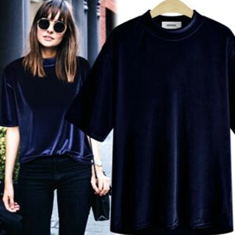 Free Shipping Customized 2019 New Fashion Velour Shirts For Women Short Sleeve Black Tops S-L Summer Casual Solid Color Tees t shirts tees happy fall y all leopard pumpkin t shirt tee in multicolor size l m s