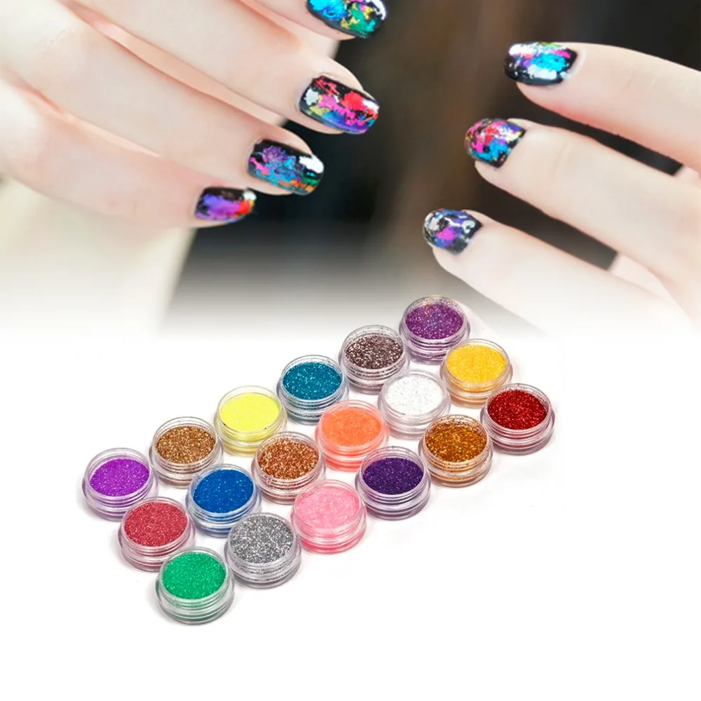 18 colors/lot Nail Art Glitter Powder Dust For UV GEL Acrylic Powder Decoration Nail Art DIY Tip