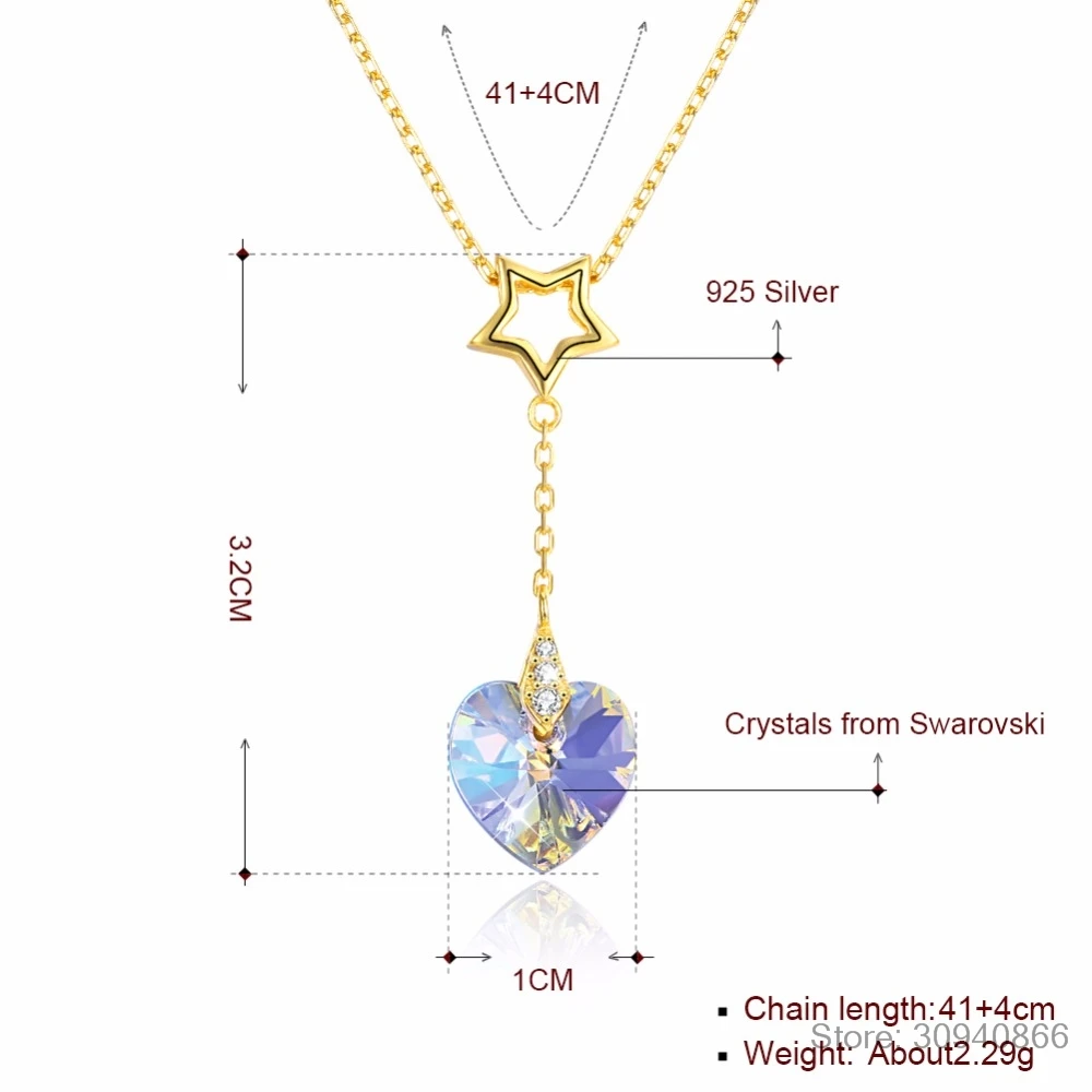 LEKANI Романтические кристаллы сердца из ожерелье Сваровски кулон для женщин шик S925 серебро Красочные Бусины цепочка, ювелирное изделие из драгоценных камней