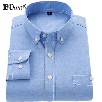 

Oxford Blue Solid Shirts for Men Long Sleeved Shirt Male Social Business Dress Work Men Business Weddind Shirts