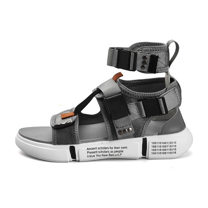 New Fashion Summer Mens Shoes Gladiator Sandals Open Toe Platform Beach Sandals Boots Rome Style Black Gray Canvas Men Sandals - Color: Gray
