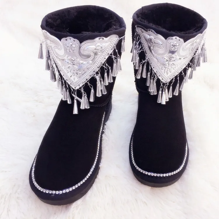 Strass A Hiver Pour Éoliens Main Cm Femmes À Glands Neige Sauvage Chaud Personnalisé Augmenté De Carillons Noir 6 Totem Bottes La Bq6qf