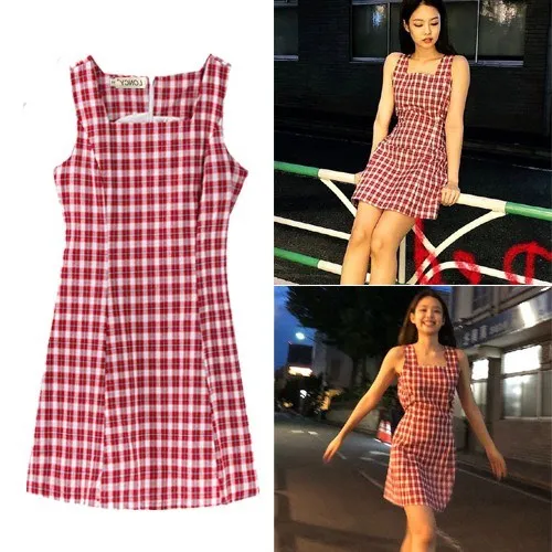 

kpop Korean Celebrity streetwear fashion red plaid summer High Waist dress women elegant female sexy dresses Harajuku clothes