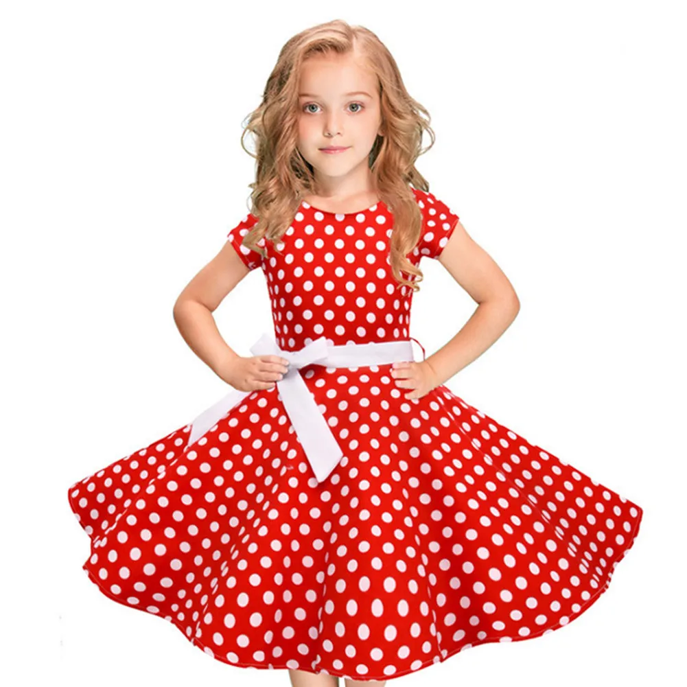 

2018 New Girl Short Sleeve Bow Princess Vintage Dress Kids Polka Dot Party Wedding Tutu Dresses Swing Costumes