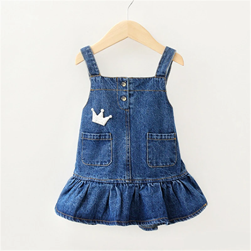 

Baby Born summer girls Top Shoulder Strap Denim Set American Clothes For Kids Best Gift Crown print Princess dress