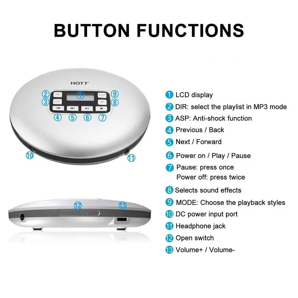 Портативный CD-плеер, HOTT CD611 персональный Компактный Дисковый плеер с ЖК-дисплеем, электронная защита от пропуска функция анти-шок