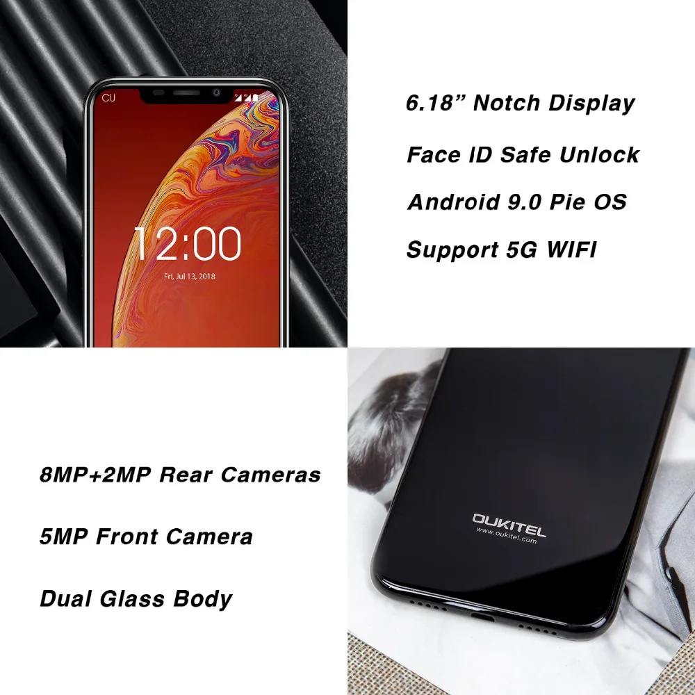 Мобильный телефон OUKITEL C13 Pro, 5G/2,4G, wifi, 6,18 дюйма, 19:9, 2 ГБ, 16 ГБ, Android 9,0, MT6739, четыре ядра, 4G, LTE, смартфон, распознавание лица, отпечаток пальца