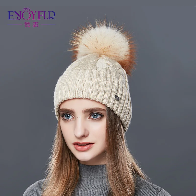ENJOYFUR модные зимние шляпы для женщин шерстяные вязаные меховые шапки с помпонами