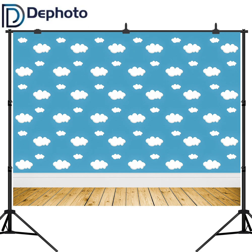 

Dephoto Blue Sky Clouds Backdrop Cartoon Kids Birthday Party Decorations Toy Story Photo Booth Background Dessert Table Banner