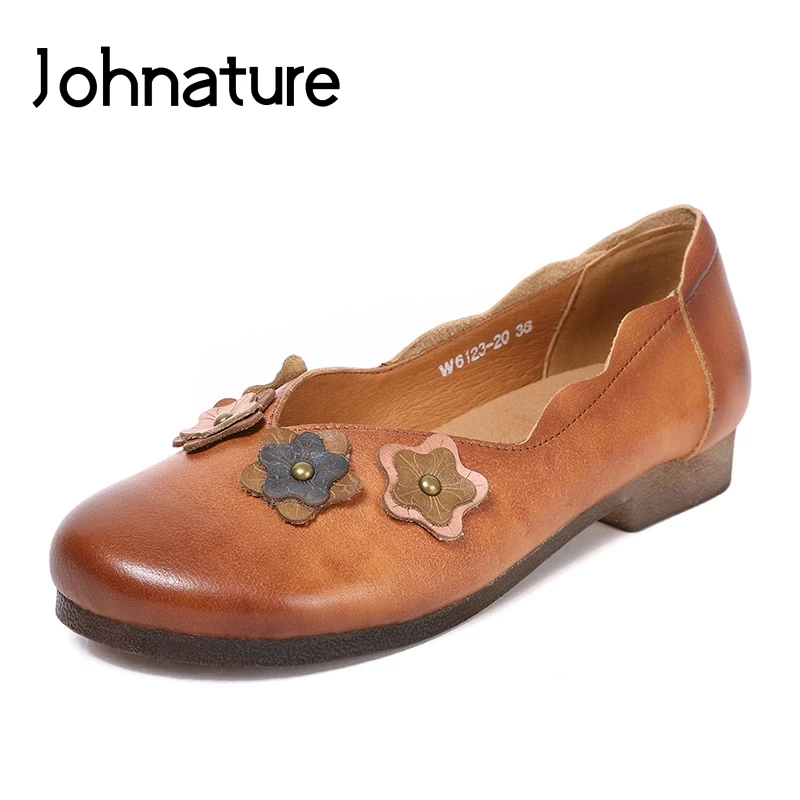 

Johnature Genuine Leather Shoes Casual Mixed Colors Slip-on Round Toe Spring/Autumn Shallow Flower Handmade Flats Women Shoes