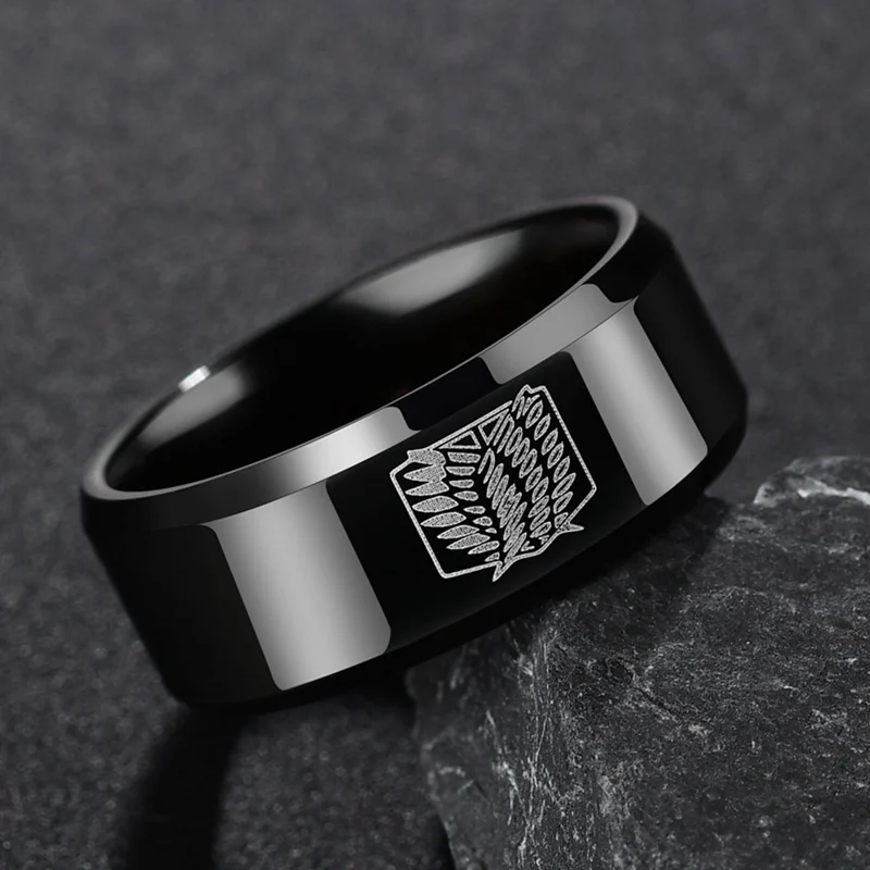 

Wide Tianium steel Attack On Titan Black Ring Giant Legion Flag Signet Men Ring Anime Fans Gifts
