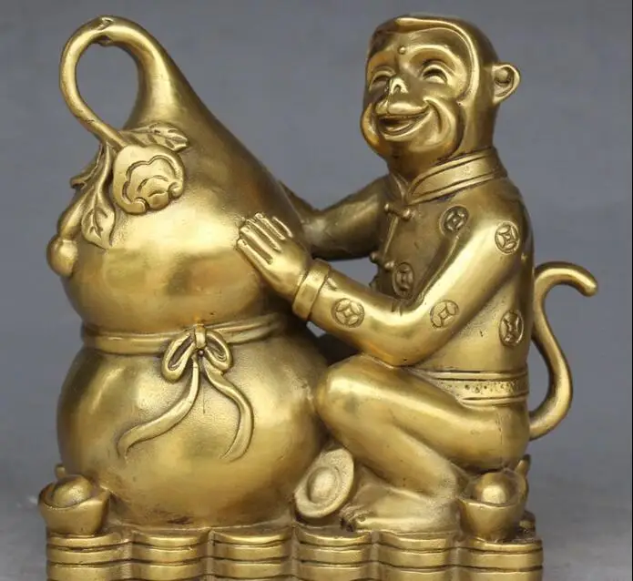 

free 7" Chinese Feng shui Bronze Wealth Bottle Gourd Animal Monkey Monkeys Statue fast