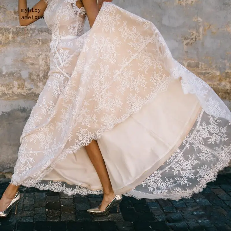 Винтаж Шампанское Кружева богемный дешевое свадебное платье в конец линии рукавом сексуальное свадебное платье с открытой спиной Vestidos De Novia Китай