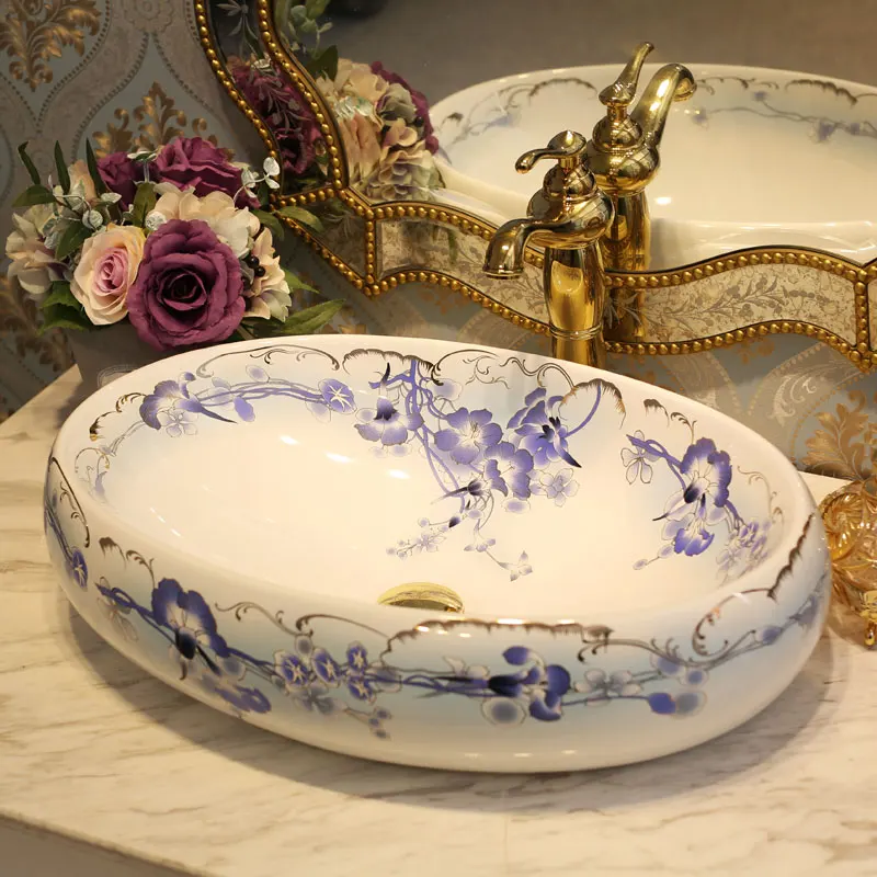 

Oval Blue and white Jingdezhen ceramic sink wash basin Ceramic Counter Top Wash Basin Bathroom Sinks laundry sink