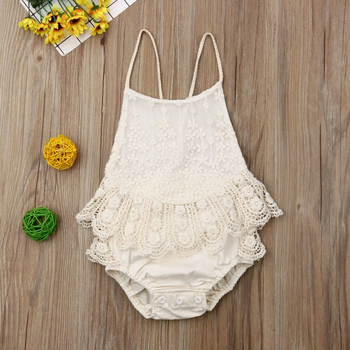 Solid Sleeveless Cami Straps Lace Ruffled Romper Jumpsuit For Baby Girl