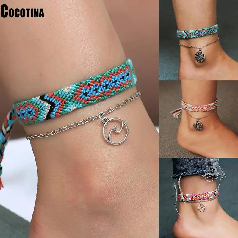 

Beach Double Layered Circular Wavy Anklet for Women Summer Bohemian Ethnic Hand-woven Foot Jewelry Accessories