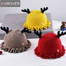VISROVER Новые Симпатичные Твердые на осень-зиму Рождество рога теплая хлопковая вязаная жемчугом детское ведро шапки для девочек и мальчиков рыбак шапка