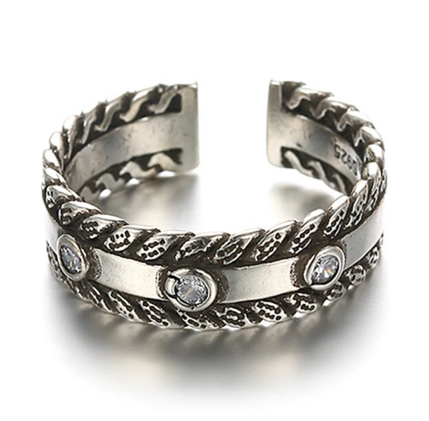

Vintage 925 sterling-silver-jewelry Rome Rope Twist Crystal Opening Rings Black Thai Silver Old Silver Men Rings 16mm S-R09