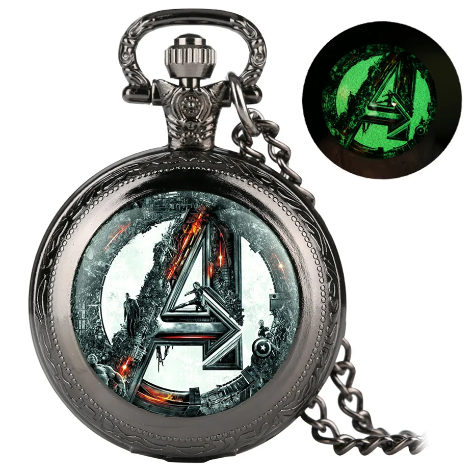 Ретро крутые светящиеся кварцевые карманные часы в стиле Мстителей винтажное ожерелье брелок старомодные Мужские Женские часы с подвеской - Цвет: black