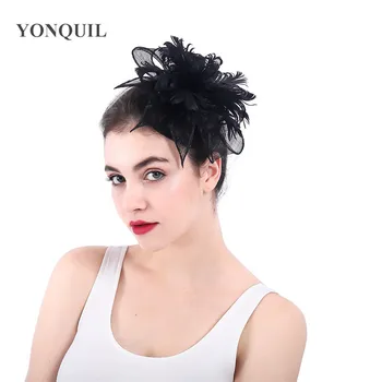 

Vintage Black sinamay fascinator church event headwear feather flower party show hair accessories millinery cocktail hats MYQ360