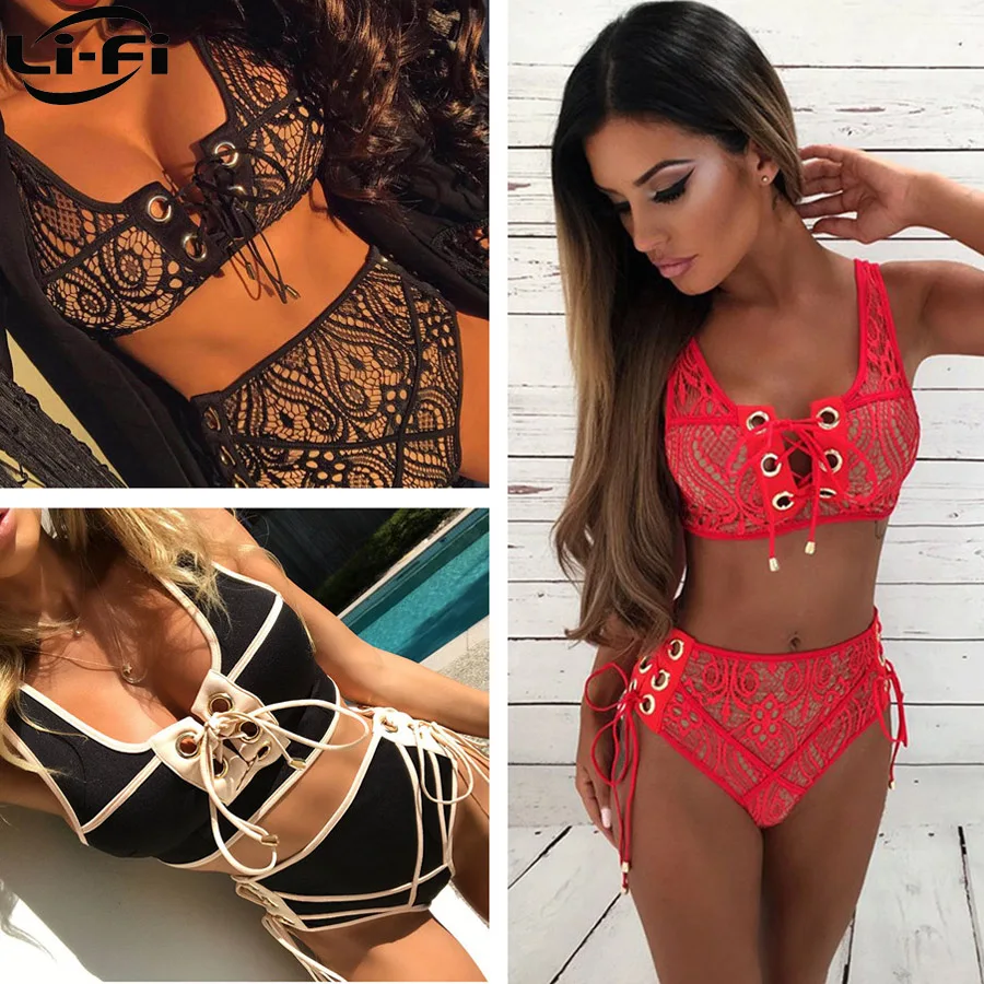 

LI-FI 2019 Sexy Bikini Women Swimsuit Push Up High Waist Lace Swimwear Halter Bikini Set Beach Bathing Suit Swim Wear Maillot