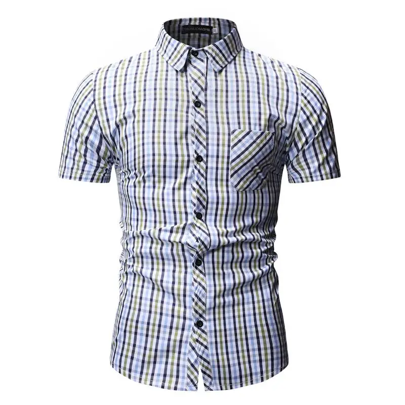 

Social Shirt Slim fit Short sleeve Summer Mens dress Shirts Plaid Check Design Casual Blouse Men's clothing Red Blue