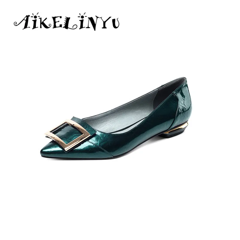 

AIKELINYU Arrive Patent Genuine Leather Pointed Toe Metal Decoration Office Shoes Girls Flat Heel Fashion Flat Shoes Women Flat